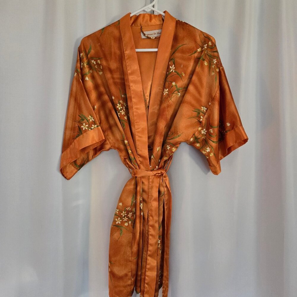 Silky Floral Kimono Robe in Burnt Orange